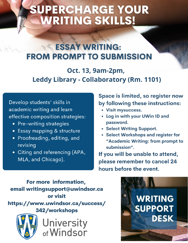 Writing Support Desk poster with info about Essay Writing: From Prompt to Submission: An intensive workshop introducing methods to improve the essay writing process through four modules: Pre-Writing, Essay Mapping, Revising and Editing, and Citing and Referencing.