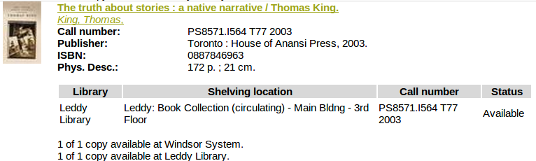 screenshot of the library catalogue - truth about stories