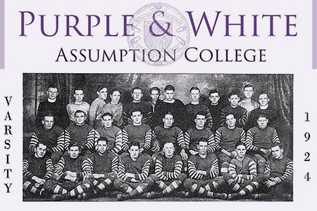 Purple and White banner and a picture of old sports team from assumption college