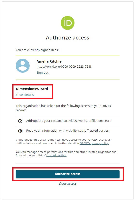 A sample authorization acces pop-up for DimensionsWizard, where DimensionsWizard and Authorize access and highlighted in red.