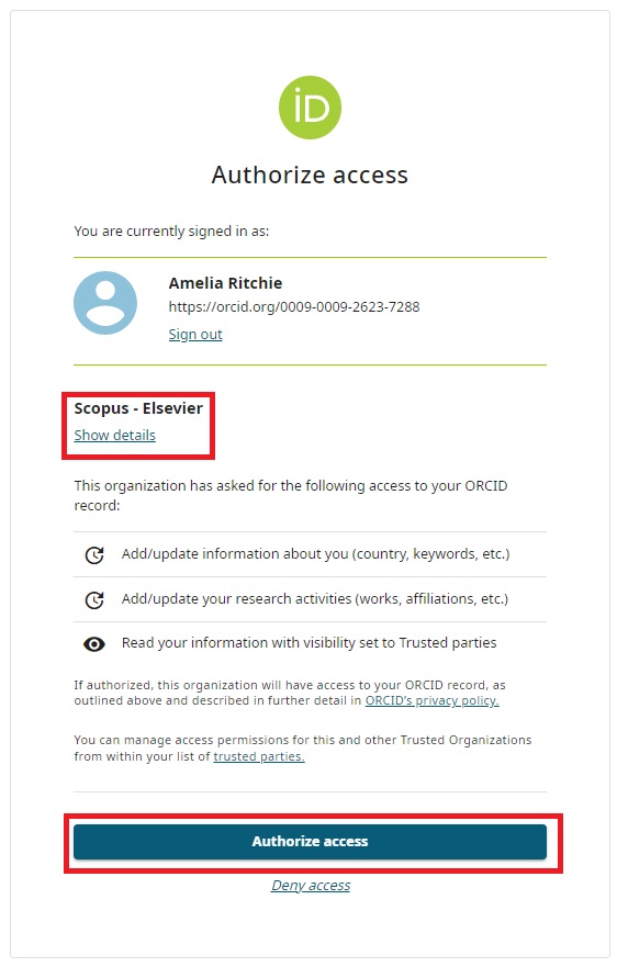 The authorize access to Scopus - Elsevier (given as an example) pop-up in ORCID, with Scopus - Elsevier and the Authorize access button highlighted in red.