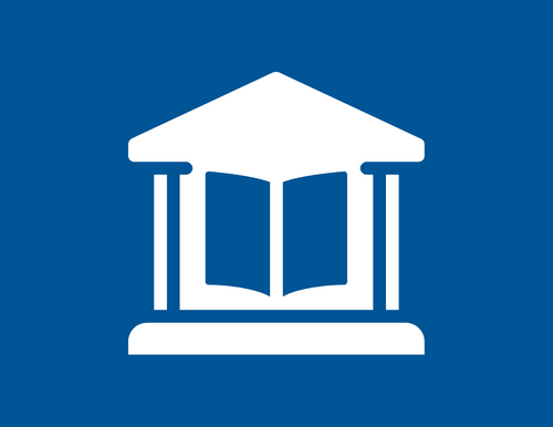 White library building icon on blue background