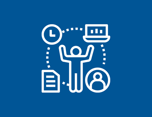 White icon of person accessing library resources on blue background