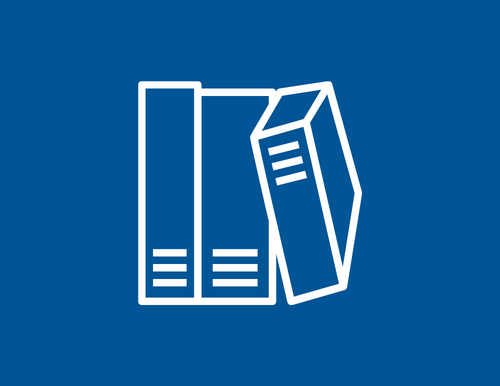 White icon of books on blue background