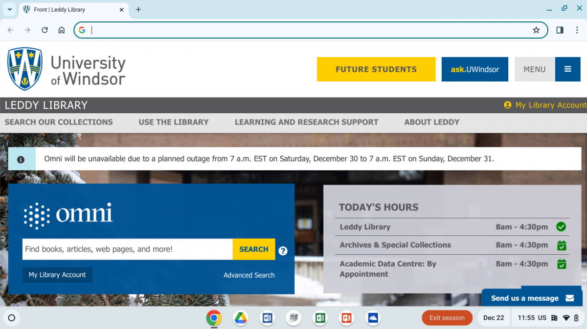 Image of the Leddy Library website homepage