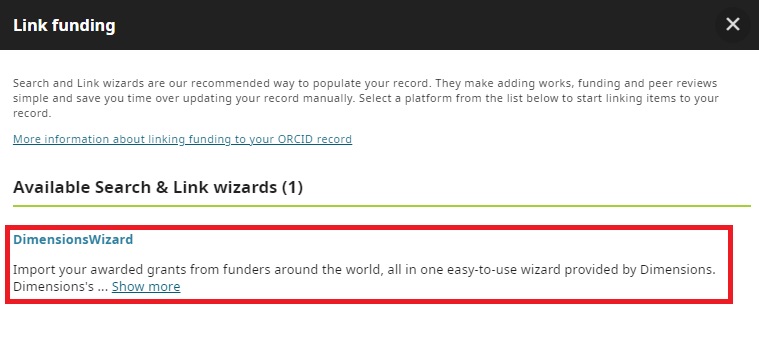 The Link funding function on ORCID, with the DimensionsWizard tool highlighted in red.