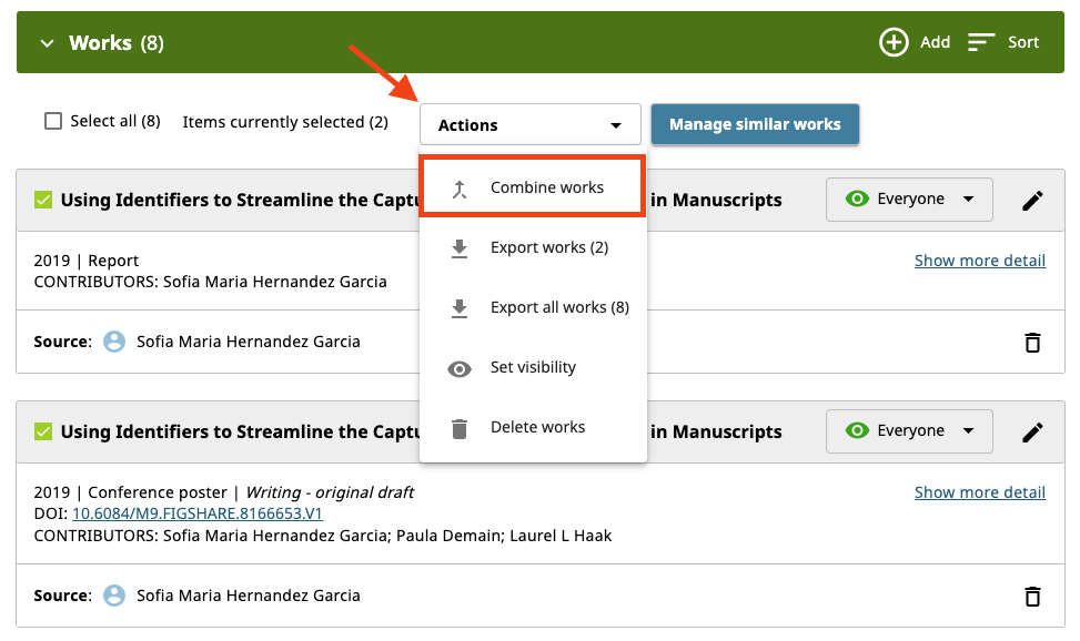 A screenshot of the Merging works feature in ORCID.