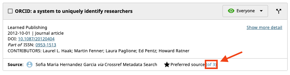 A screenshot of a Works record in ORCID, where the Preferred source (of 3) is highlighted.