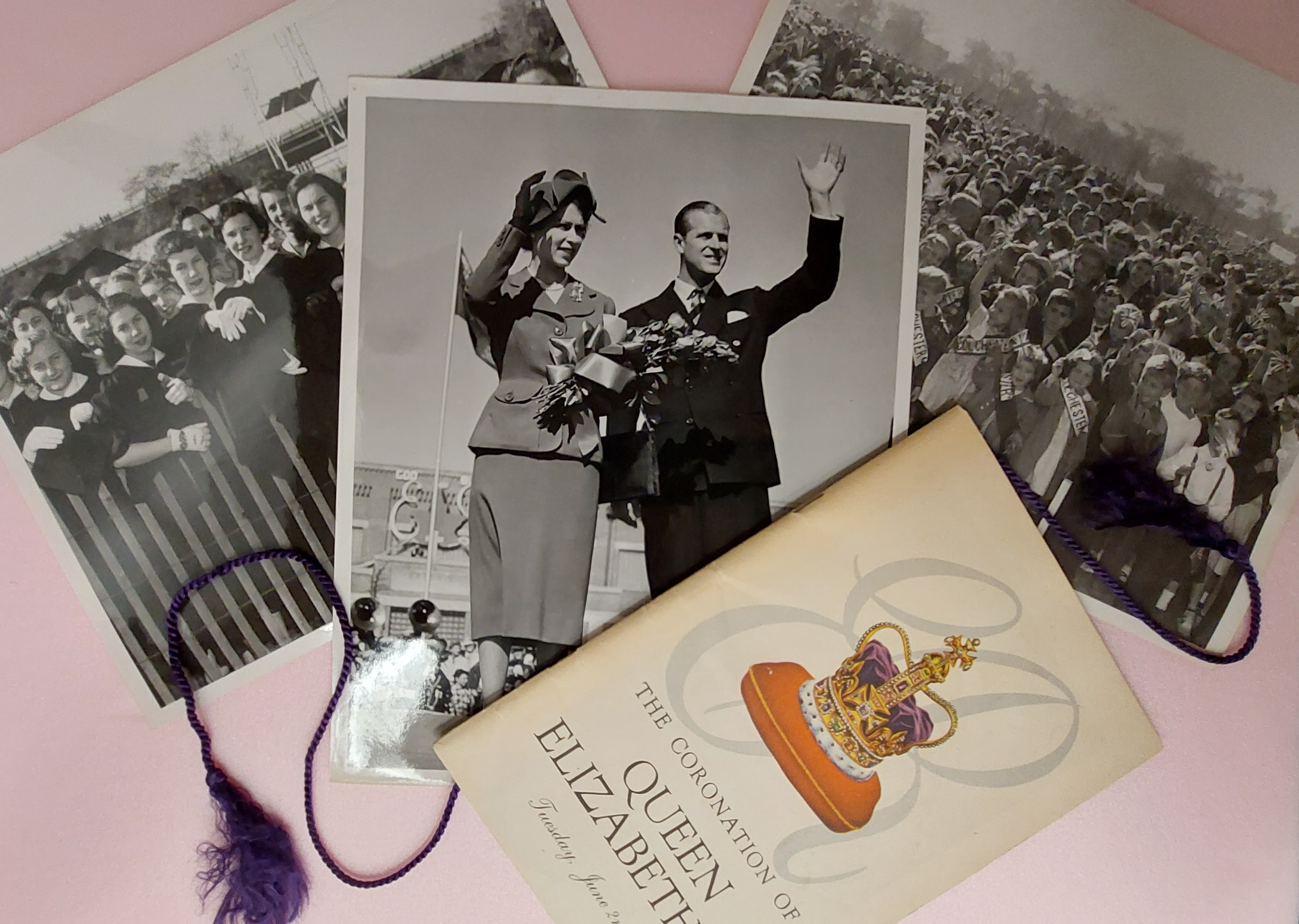 Historic photos of a 1951 visit by Queen Elizabeth II and a booklet commemorating her 1953 coronation.