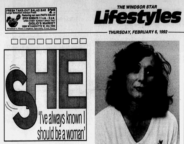 Headline and portrait of a transgender woman in a newspaper article.