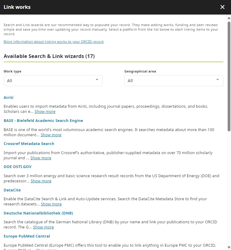 A screenshot of the list of available Search & link wizards in ORCID (17 in total).