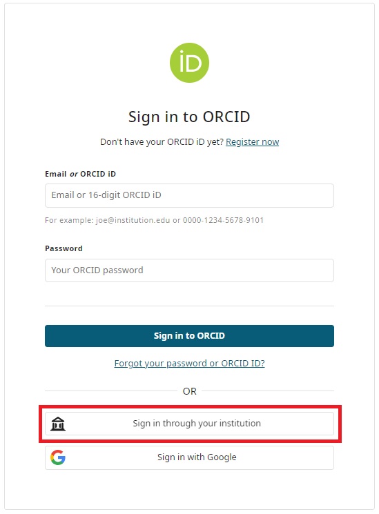 Screenshot of the sign in screen on ORCID, where the Sign in through your institution button is highlighted in red.