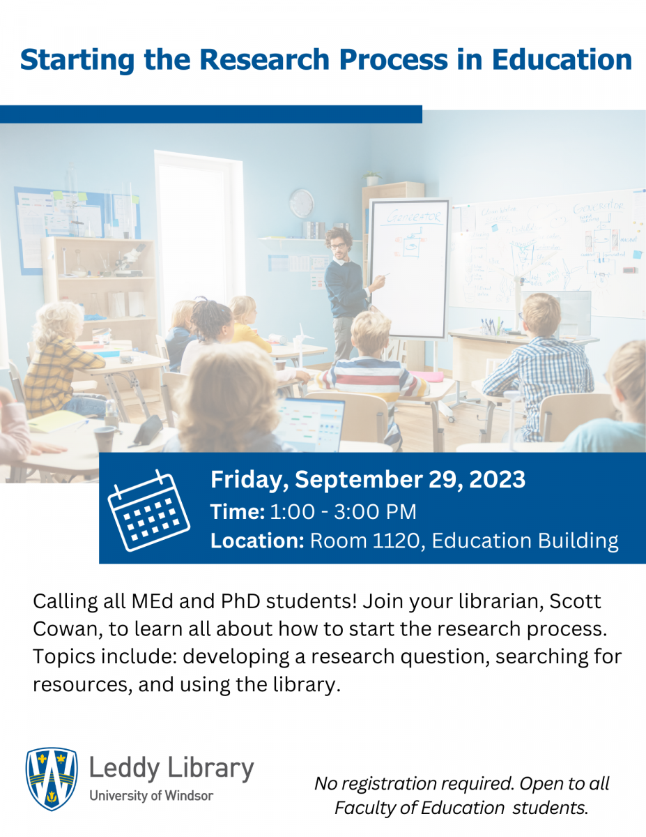 Poster with picture of a teacher in a classroom with the information for a workshop taking place in Room 1120, Education Building from 1:00 - 3:00 on September 29, 2023 for education students.