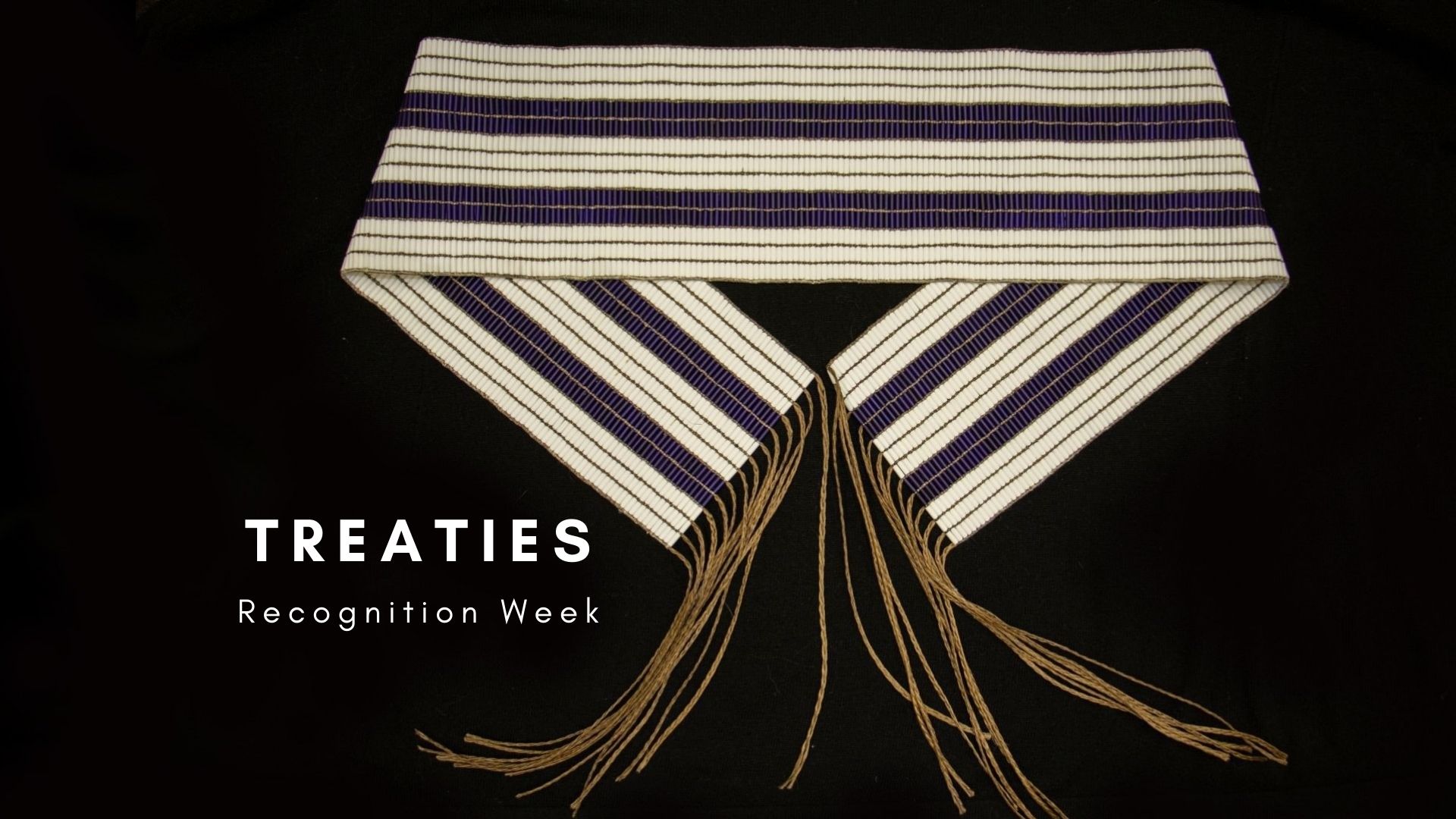 Picture of white and purple beaded Two Row Wampum belt for treaties recognition week