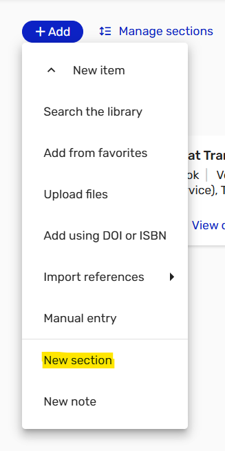 Selecting the add menu to insert a new section