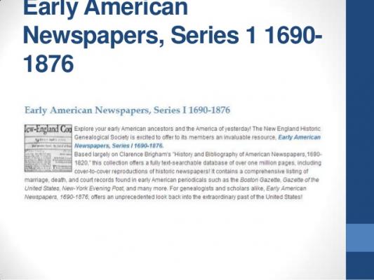 Early American Newspapers sample article. Text on white background with blue right border