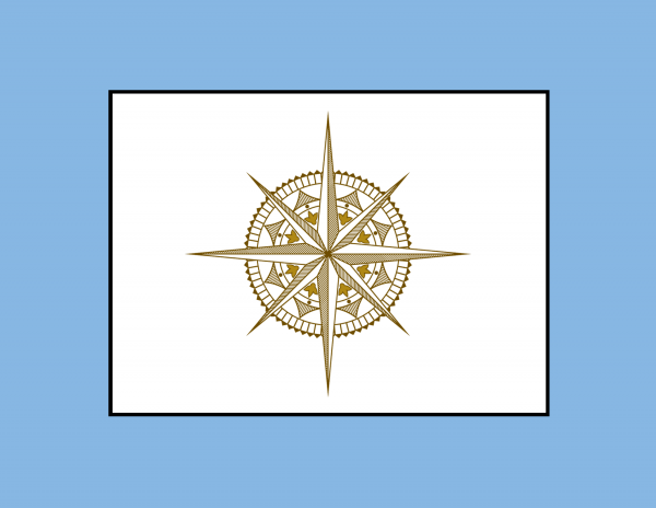 Graphic of a compass rose on a blue and white background