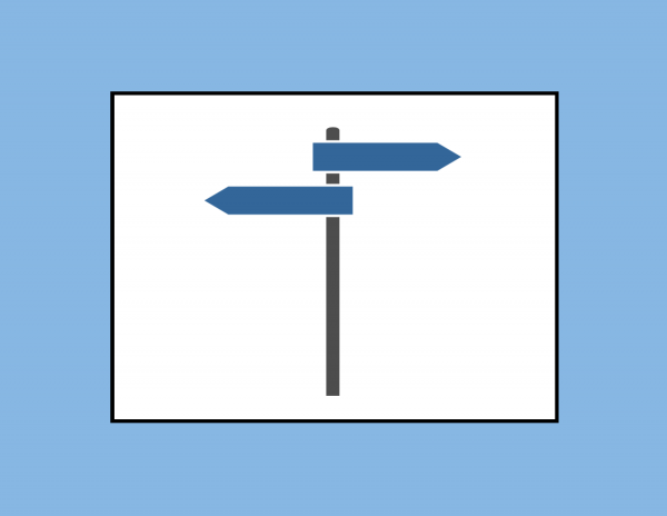 Graphic of a road sign pointing in two directions on a blue and white background
