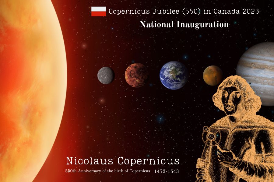 Image of planets with sketch drawing of scientist, Nicolaus Copernicus.