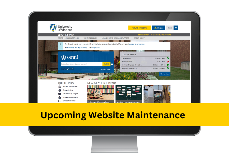 Image of Leddy Library website with maintenance banner.