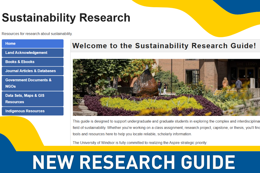 screenshot of the home page of the sustainability research guide, with a decorative border and the text "New Research Guide"