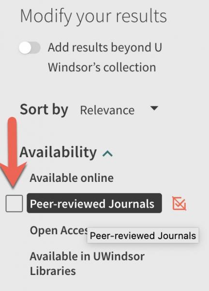 The apply filters area of the left side of the omni search with peer reviewed journals highlighted.