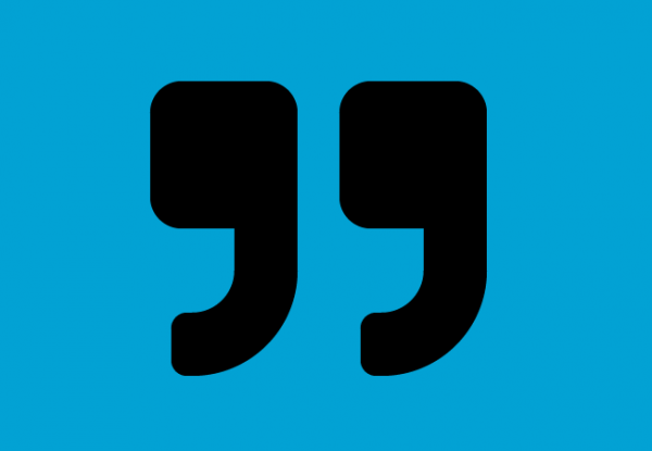 A graphic of a black quotation mark against a blue background