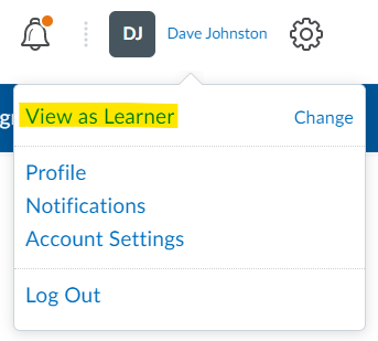 selecting view as learner in brightspace from the user menu