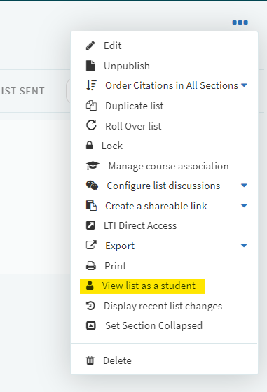 selecting student view in the leganto list menu