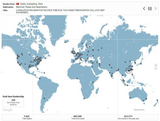 map of downloads from scholarship at UWindsor around the world
