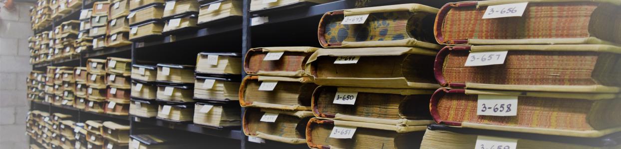 Dozens of large colourful register books on metal shelves