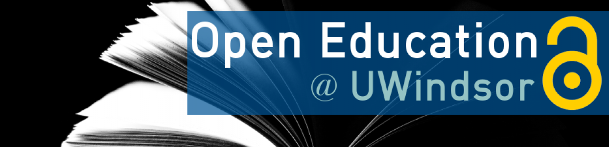 A picture of an open book with the title: "Open Education @UWindsor"