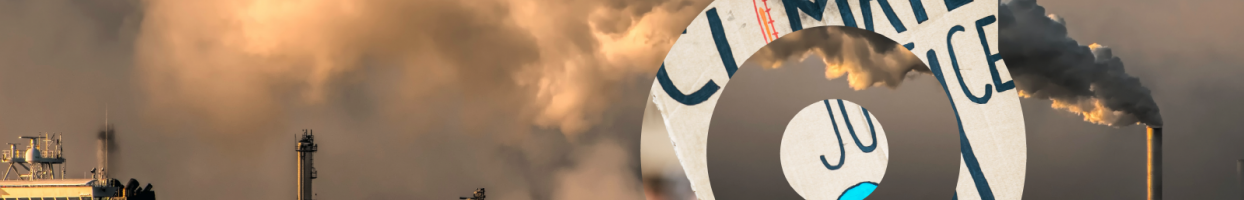 Image of a brown sky with a smokestack on the right most side spewing smoke into the sky. There is half a white circle with another white circle inside (cropped Open Access symbol) on the right side beside the smokestack with parts of the words Climate Justice printed on it. 