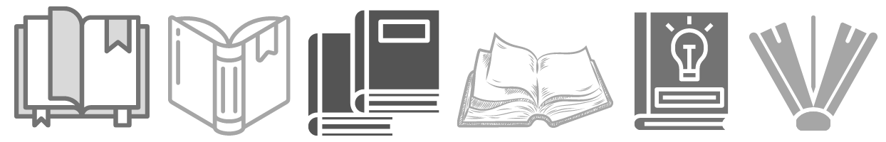 Image of a series of books, open and closed, all in shades of grey.