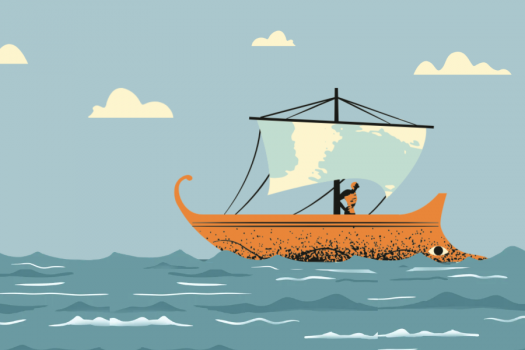 Digital illustration of Odysseus sailing on the sea.