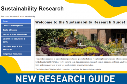 screenshot of the home page of the sustainability research guide, with a decorative border and the text "New Research Guide"