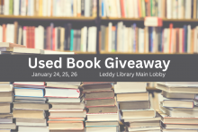Used books on a table with text that reads Used Book Giveaway, January 24, 25, 26 