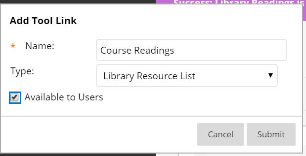library resources link in the Tool Link Menu