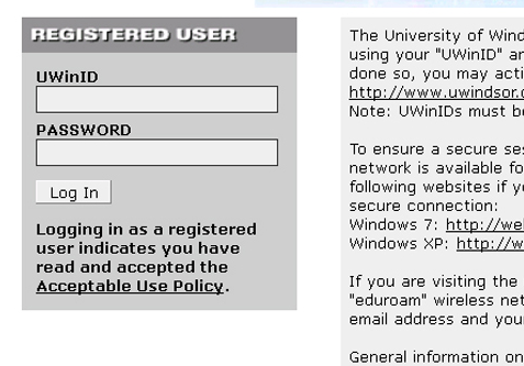 login screen for UWindsor